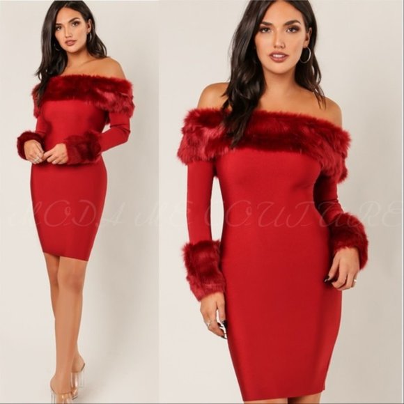 Bodycon Fur Trimmed Dress - Picture 2 of 5